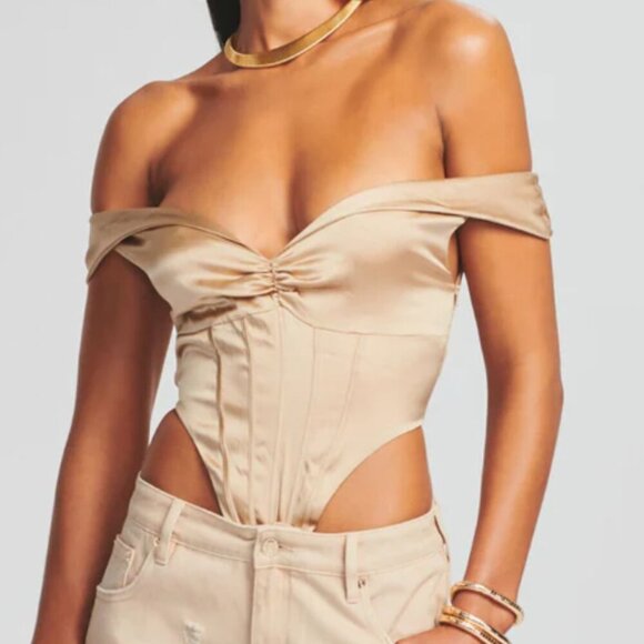 Retrofete Rozik Silk Off Shoulder Bodysuit Nude M - Picture 2 of 8